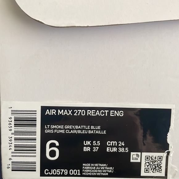 Nike Air Max 270 React Eng Light Smoke Grey Battle Blue Size 6 Youth - Picture 7 of 7